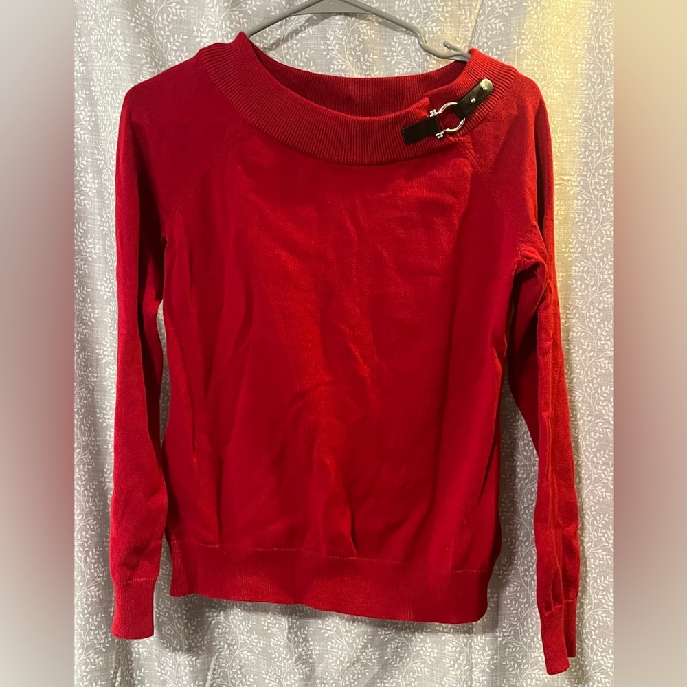 Lauren Ralph Lauren Women M Red 100% Cotton Sweater Bateau Neck Leather Clasp